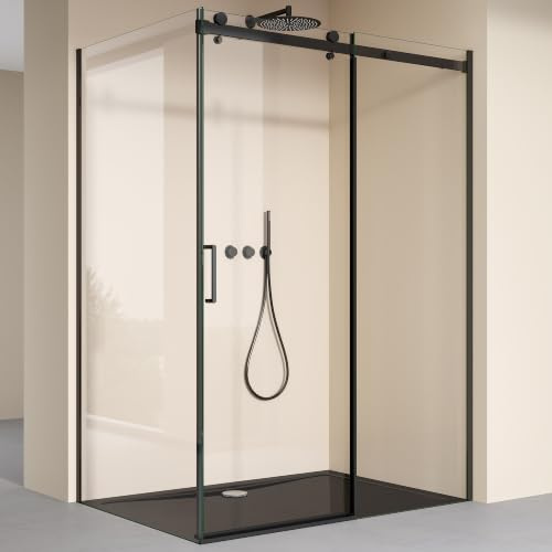 doporro Duschkabine mit Schiebetür 100x120x195cm mit schwarzer Duschtasse | 8mm ESG-Sicherheitsglas Klarglas inkl.Nano-Beschichtung | Rechts-oder Linkseinstieg | Aluminiumrahmen in Schwarz | Ravenna19K