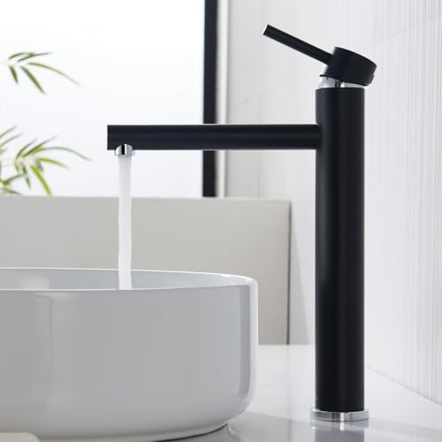 Kelleria Mitigeur Lavabo Haut, Robinet de Bain Noir, Mitigeur de Lavabo à Une Poignée, avec Hauteur de Bec de 225mm, Fabriqué en Acier Inoxydable avec Noyau en Céramique Silencieux