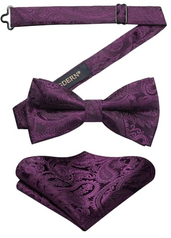 HISDERN Pajarita Hombre Morado Oscuro Preatada Conjunto de Pajaritas y Pañuelo de Bolsillo Ajustable Corbatín para Bodas Fiesta Carnaval