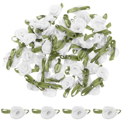 QUARKZMAN 50pz Rose Bianche in Nastro 5/8 x1-3/16 Mini Rose per Artigianato Piccoli Fiocchi di Raso Rose Fiori Artificiali