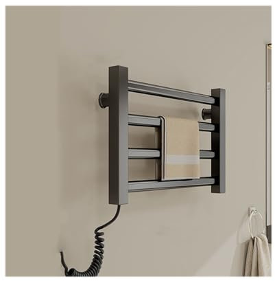 WRJAHCG Termosifone Porta Asciugamani Bagno A Parete,Scaldasalviette Elettrico Bagno 65℃/149°F,Alluminio Termoarredo Bagno Basso Consumo,4 Barre,Nero,Plug in Left