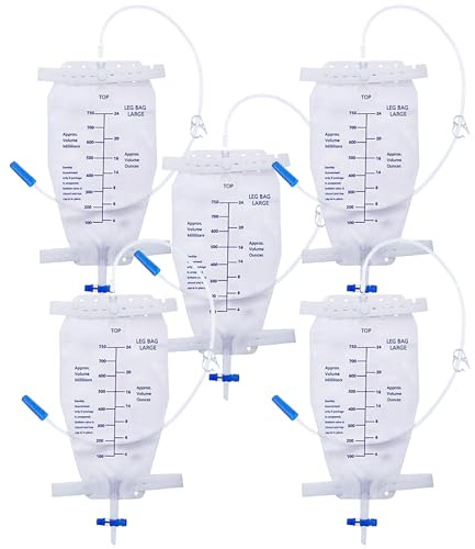 5 Stück 750ml Urinbeutel Beinbeutel Urindrainagebeutel mit 60cm Schlauch, Anti-Reflux-Ventil, T-Ablass & Stoffriemen, Urinbeutel für unterwegs, Einzeln verpackt/Nur zur äußeren Anwendung
