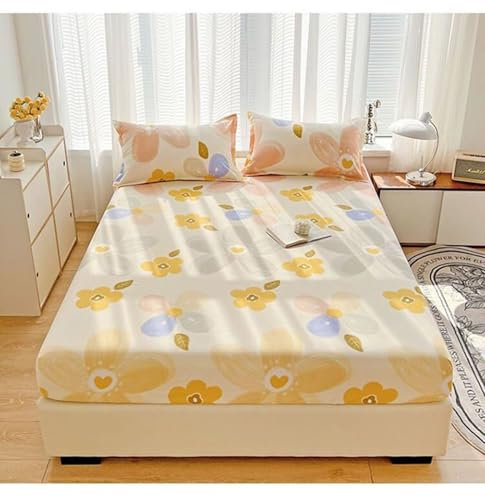 AMDXD Betthusse mit 2er Kissenbezüge 150x200cm Set Weich, Blumen Muster Spannbettlaken für Topper Gedruckt Faltenresistent und Ausbleichen, Polyester Bett Laken Bezug Bunt für alle Jahreszeiten
