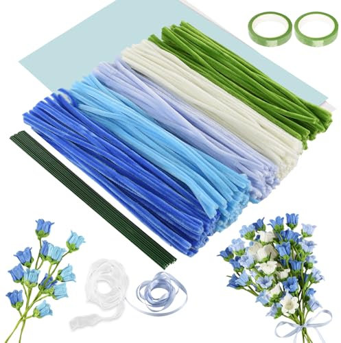 Joyblossom 300 Stück Pfeifenputzer Zum Basteln, 5 Farben Pfeifenreiniger Blumen Set, Pfeifenreiniger Zum Basteln, mit Geschenkband, Blumendraht, für DIY Dekoration und Geschenke, Blau