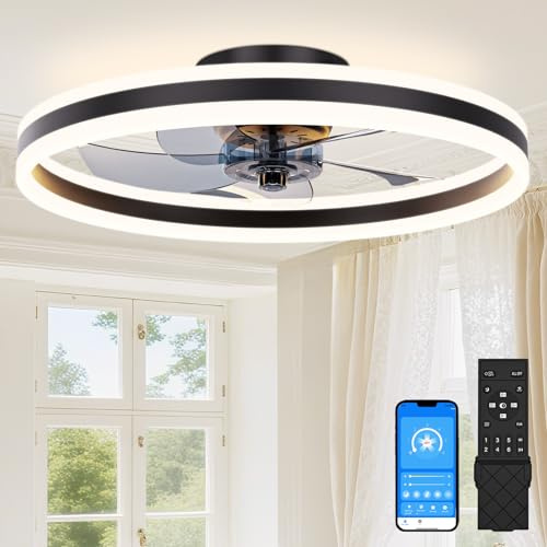 SUNKENET Deckenventilatoren mit Beleuchtung für Schlafzimmer,60cm Schwarz | 3000K-6500K Dimmbare LED Deckenventilator mit Licht, Deckenventilatorlampe für Schlafzimmer,6-Gang,Timer,Leise