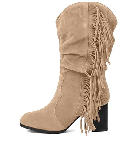 MODSGUE Bottes de cowboy en daim avec franges pour femme - Style bohème - Talon compensé - Bottes hautes au genou - Confortables - Boucle décontractée - Longue tige - Bottes montantes pour femme