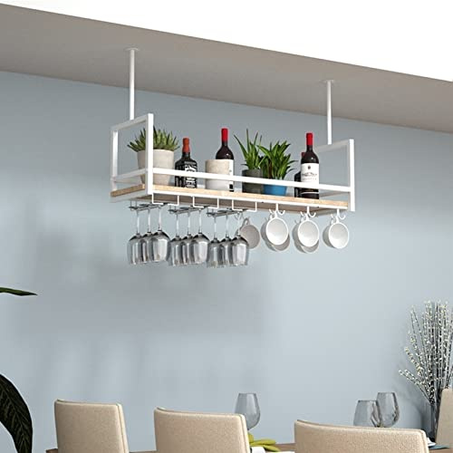 Generico Portabicchieri da Vino sospeso e rastrelliera in Metallo con ripiano in Legno massello - Contenitore Multifunzionale in Ferro battuto per Bar/Cucina - Elegante espositore da soffitto per Gli