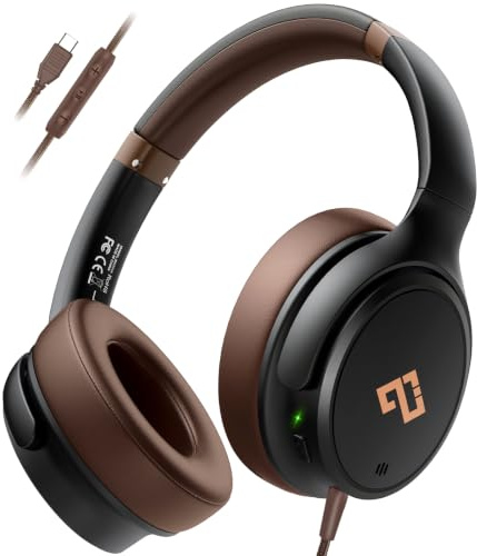 USB C Headphones Wired Headphones Over Ear with HD Mic, Foldable Active Noise-Canceling Headphone for iPad/Sports/School/Travel/iPhone 17/16/15, Samsung S25/S24, Google Pixel 9,Ideal Gifts-Brown