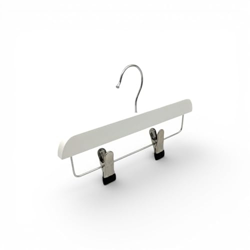 25x Kids Wooden Trouser & Skirt Clip Hangers 25cm – Adjustable Chrome Clips, White, 360° Swivel Hook, Space-Saving Clothes Hangers for Children & Lingerie