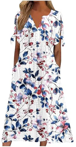 Sundresses for Women UK Loose Casual Maxi Dress Short Sleeve V Neck Tunic Flowy Pleated Beach Sundress Plus Size Ladies Boho Dress Holiday Dresses B White