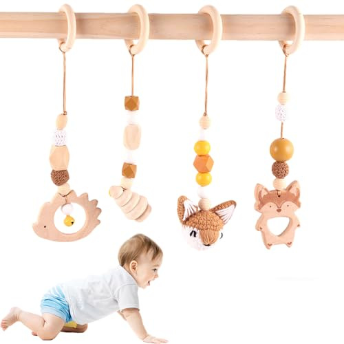 RNPKZ Baby Gym Anhänger, 4 Stück Anhänger Spielbogen Baby, Spielbogen AnhängerHolz, Spielebogen Babies Toys für Mädchen Jungen, Babyschale AnhängerHolz für Kinderwagen und Autositzspielzeug (Braun)