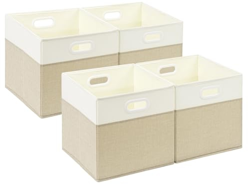 SOCOHOME Cajas de almacenamiento de tela, cubo de almacenamiento de 28 x 28 x 28 cm, cestas de almacenamiento plegables para juguetes, cuarto de bebé, armario de guardería (caqui claro/blanco crema, 4