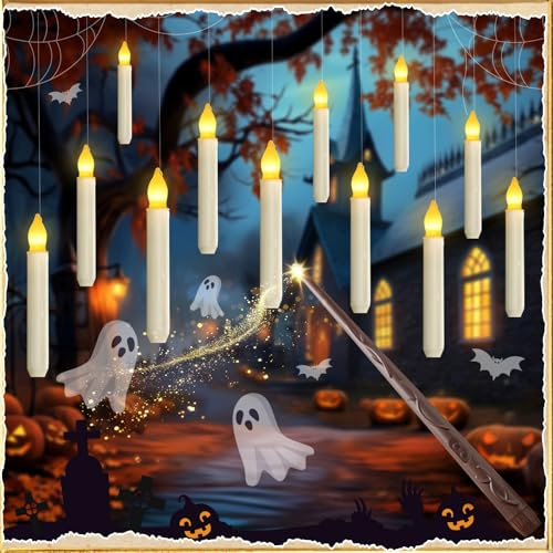 Homemory Floating Candle with Wand Remote, 12 Pcs Magical Candlesticks Witch Decors, Warm Yellow Flameless Taper Candles Battery Operated, LED Window Candle for Halloween Party Decor