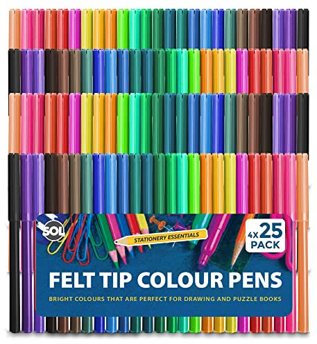 SOL 100 Felt Tips Colouring Pens for Adults & Kids Felt Tip Pens for Children Drawing Coloured Pens Felt Pens, Colouring Pens for Kids Coloured Markers Pack Felt Tip Pens for Adults Colouring Book