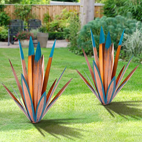 TOMBABY Plante d'agave en métal épais à grandes feuilles - Décoration d'extérieur - Décoration d'extérieur - Cadeau floral pour cour (2, bleu)