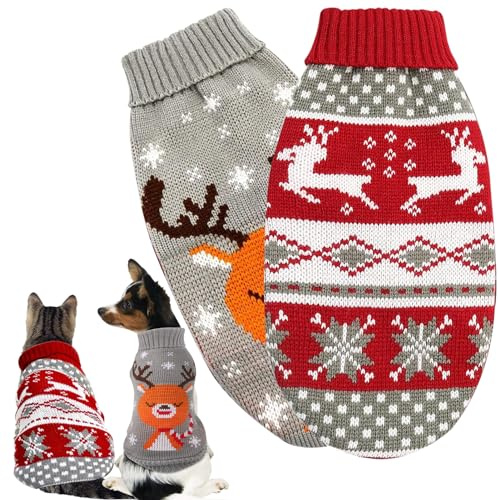 FMKLDENA Hundepullover Weihnachten, 2 Stück Hundekostüm Weihnachten, Cartoon Rentier Haustier Pullover, für kleine mittelgroße Hunde, Rot, Weiß, S, M, L, XL