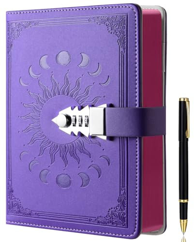 ZXHQ Lock Diary with Pen Set, A5 240 Pages Secret Lockable Journal, Personal Planner Organizer Notebook, Colorful Spray Edge, Size A5(8.5 × 5.9) Purple