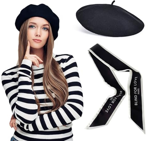 1 Piece French Beret with 1 Silk Scarf, Beanie Hat for Women, Retro Winter Hat, Soft and Lightweight, Fashion Accessory Jewelry, Suitable for Friends Gathering, Party Decoration (Black)