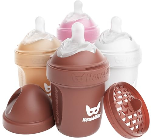 Herobility Doppelte Anti-Kolik-Babyflaschen – 5 fl oz/140 ml – 4er-Pack – Mehrfarbig baby flaschen – Weiß, Grau, Rosa, Weißdornrose