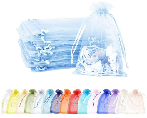 100 Stück Himmelblau Organzasäckchen ,9x12cm Kleine Geschenkbeutel Organzabeutel Organza Beutelchen mit Kordelzug Sie als Hochzeit Bonbonsbeutel,Schmuckbeutel,Weihnachtsgeschenke,Geburtstag Party