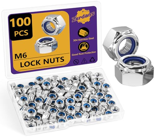 100Pcs M6 Nuts Nylock, Leryati Lock Nuts M6 Stainless Steel Hex A2 V2A Self Locking Nut, DIN985 Nylon Insert Kits Thread Nut Nyloc Hexagon nutstones