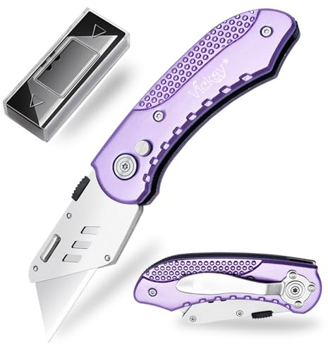 Vickay Folding Utility Knife, Box Cutter with 5 SK5 Quick Change Blades, Safety Axis Lock Design Razor Knife, Lightweight Aluminum Handle Belt Clip for Office Home Artcraft （Light Purple)