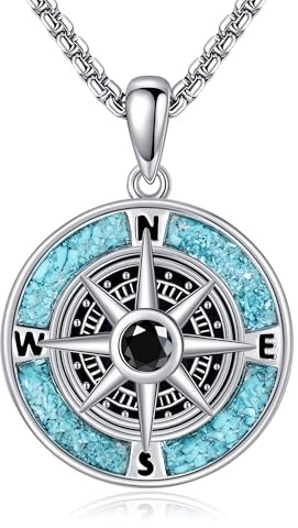 URONE Kompass Kette Silber 925 Türkis Anhänger Halskette für Reisen und Graduierungsgeschenke für Damen und Herren
