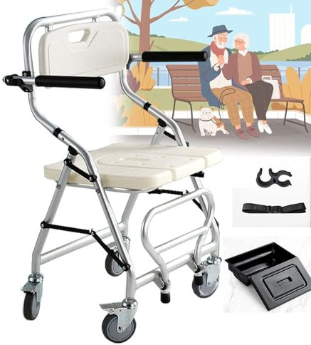 GNbow Toilettenstuhl auf Rollen, Toilettenstuhl mit Rollen, Duschrollstühle für Behinderte, Klappbarer Badestuhl mit Armlehnen und Rückenlehne für ältere und Behinderte Menschen