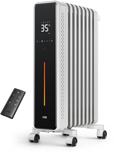 Dreo 2000W Oil Filled Radiator for Large Room, 9 Fins Silent Electric Heater with Temp Display, Digital Thermostat, Remote, Low Energy Heaters for Home, 7 Safety Protection, 24H Timer, White