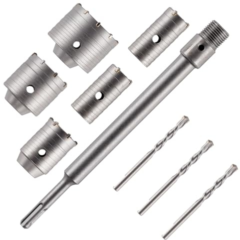 Rennie Tool - 9 Piece TCT Core Drill Set With SDS Drill Adapter | 35mm 40mm 50mm 65mm 80mm Core Drill Bits With TCT Pilot Drills And SDS Extension Shank