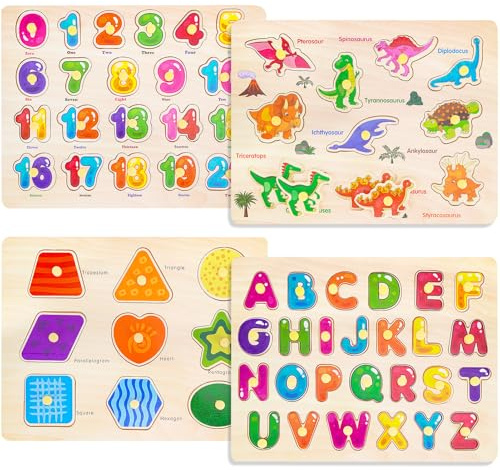 Melofaver Montessori Wooden Peg Puzzles for Toddlers 3 4 5 Year Old, 4 Pcs Kids Educational Toys Preschool Learning Activities-Alphabet, Shape, Number and Dinosaur, Baby Puzzle for Boys Girls