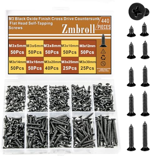 Zmbroll M3 Self Tapping Screw Black Wood Screws 440Pcs Countersunk Head Phillips Drive Metric Sheet Metal Screws Flat Head Wood Fasteners Carbon Steel Screws Assortment Kit