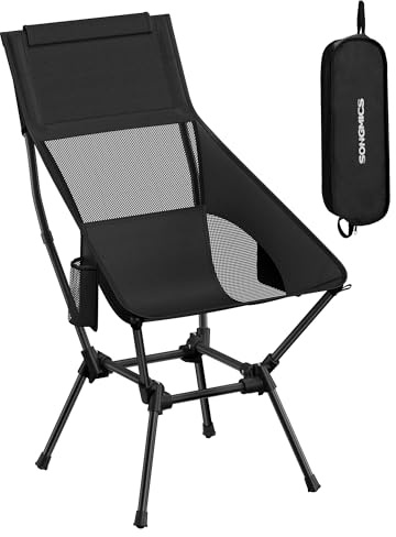SONGMICS Chaise de Camping Dossier Haut, Chaise de Plage Pliante Hauteur Réglable, Structure en Acier, Supporte 150 kg, 2 Poches de Rangement, Appuie-Tête, pour Voyages, Noir GCB051BZ01
