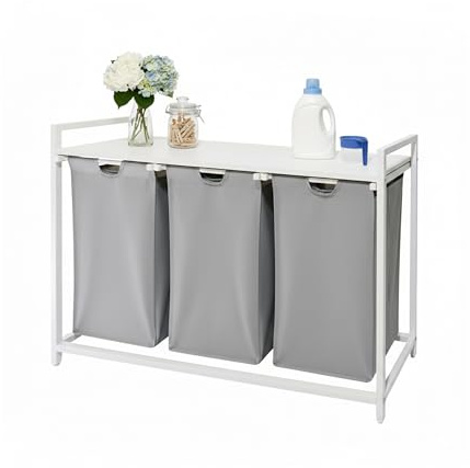 Relaxdays Wäschesammler mit 3 Wäschesäcke, 150 L, Holzoptik Ablage, HBT: 73,5 x 109,5 x 33 cm, Wäschekorb, Farbauswahl