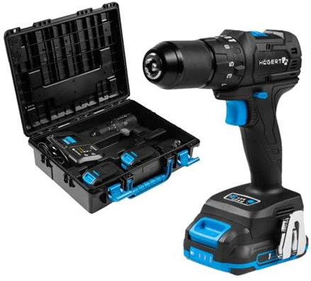 HÖGERT TECHNIK Taladro atornillador percutor brushless 18V 40 Nm, taladro inalámbrico compacto con 2 baterías 2 Ah, cargador 4A y maletín para hormigón madera metal
