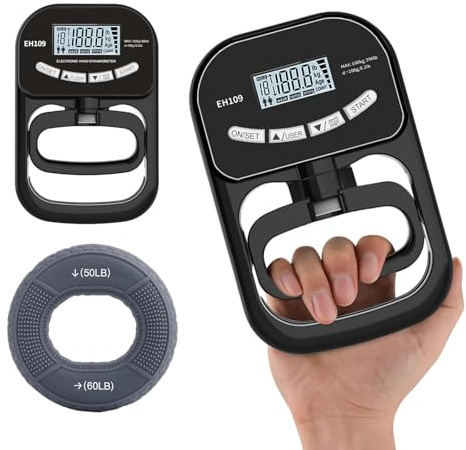Dynamomètre numérique Nimblyne 396 lb / 180 kg avec anneaux en silicone de 50 à 60 lb : testeur de force de préhension numérique avec écran LCD, rechargeable et fonctionnant sur piles.
