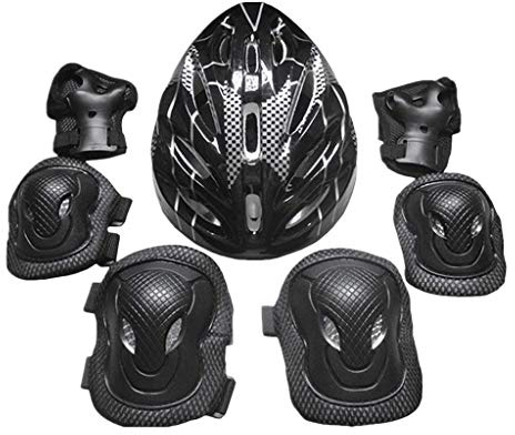 SGerste Schutzausrüstung für Erwachsene, Knieschützer, Ellenbogenschützer, Handschützer, Helm, Sport, Sicherheitsschutz, Kit für Outdoor, Radfahren, Rollschuhlaufen, Schwarz