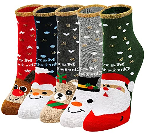 ZAKASA Chaussette Noël Femme Drôle: Fantaisie Coton Hiver Rigolotes Chaussettes Idée Cadeau Femme Chaussettes d'hiver Imprimé Humour Père Noël Motif 5 Paires EU 35-41 Noël-A