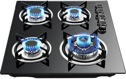 IBOWZ Encimera de Gas Placa de Gas Placa de Cocina de Gas de 4 quemadores de Vidrio Negro de 59 cm, con Soportes para sartenes de Esmalte y FFD, Placa de Cocina de Gas incorporada/de Escritorio pa