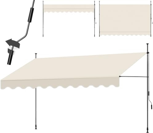 tectake® Store à Pince sans perçage 400x180 cm, résistant aux UV, Hydrofuge | Tiges télescopiques réglables, embouts antidérapants, manivelle ergonomique, acier époxy & aluminium, Brise vue, Beige