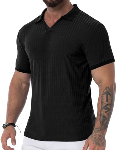 Askdeer Men's Muscle Polo Shirts V Neck Slim Fit Ribbed T Shirt Short Sleeve Golf Collar Shirt Knit Casual Tee Black