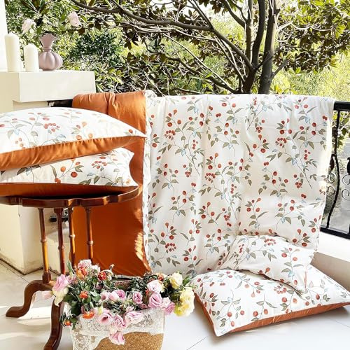 Sedefen Bettwäsche 200x220 cm Orange Weiß Blätter Blumen Wendebettwäsche Set Mädchen Teens Microfaser Bettbezug mit Reißverschluss und 2 Kissenbezug 80x80cm