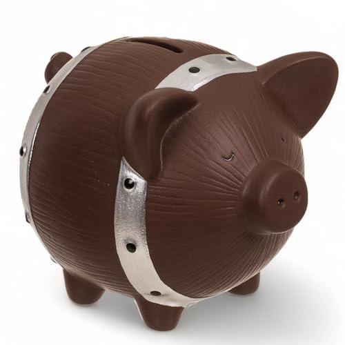 MIJOMA Salvadanaio a forma di maiale in ceramica, 16 x 12,5 x 13 cm, con chiave, salvadanaio decorativo (marrone-argento)
