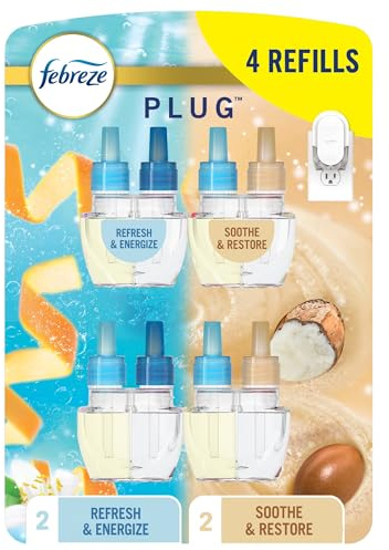 Febreze Plug In Air Freshener, Odor-Fighting Scented Oil Refill For Home, Bathroom, & Kitchen, Long Lasting, Refresh & Energize and Soothe & Restore Scents, 0.87oz Refills, 4ct (2 of Each)