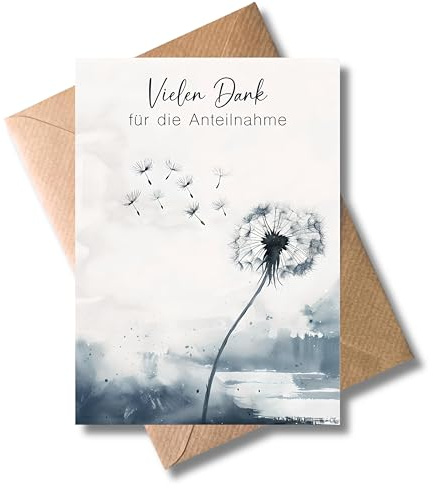 WBdesignz Dankeskarte Trauer 10er Set mit Umschlägen – „Vielen Dank für die Anteilnahme“ – stilvolle Karten mit Pusteblume – hochwertige Beileidskarten (DIN A6)