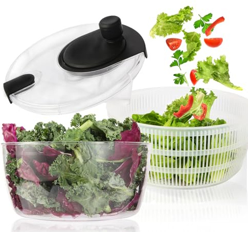 Santozz Rotary Salad Spinner with Bowl 4.2Qt, Lettuce Dryer, Vegetable Washer, Colander and Build in Draining System for Washing, Draining Vegetables, Greens and Fruits