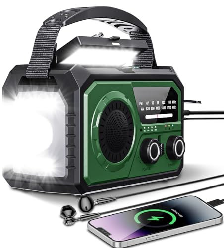 BIAOQINBO Radio solar de 16000 mAh, radio AM/FM, portátil, USB, con batería recargable de 59200 mWh, linterna LED, alarma SOS y dinamo de manivela para camping, viajes (verde militar)