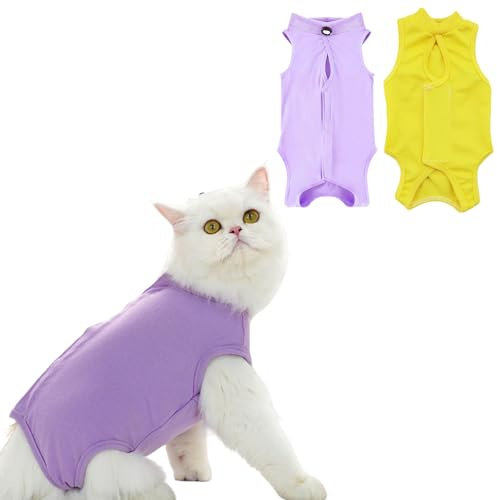GIEEU 2PCS Cat Recovery Suit, Cat Surgical Recovery Suit, Post-Surgery Cat Body Suit for Female Cats, Soft and Breathable Modal Fabric, Purple & Yellow, Size M (2-4KG Cat)
