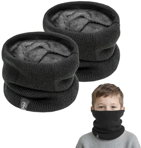 SEFIRST 2 Stück Winter Halsschlauch Schal Kinder, Schlauchschal Kinder, Loop Schal Halswärmer Nackenwärmer Gesichtsschal, Winddichte Thermo, Fleece Rundschal für Ski Fahrrad Joggen, Schwarz