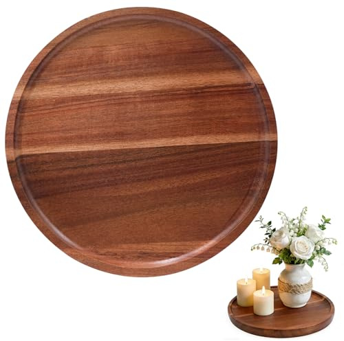 Round Wooden Decorative Tray, Natural Acacia Candle Tray for Table Centrepiece and Home Kitchen Decor, Smooth Finish Serving Plate for Display and Coffee Table